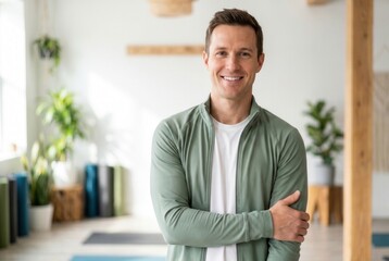 Fototapeta premium Man standing confidently in a serene wellness space, promoting health and mindfulness