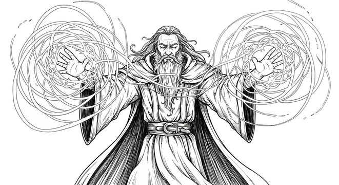 Wise wizard casting magic spells with energy lines illustration isolated