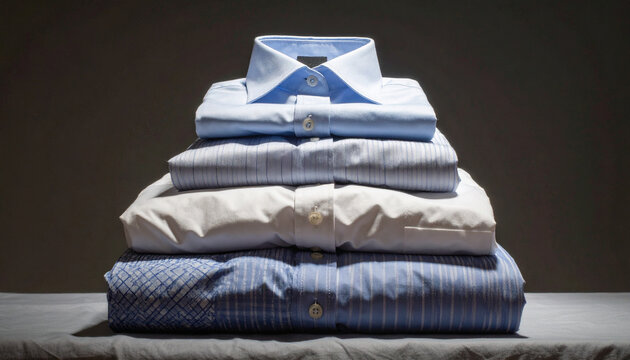 Stack of folded light blue dress shirts