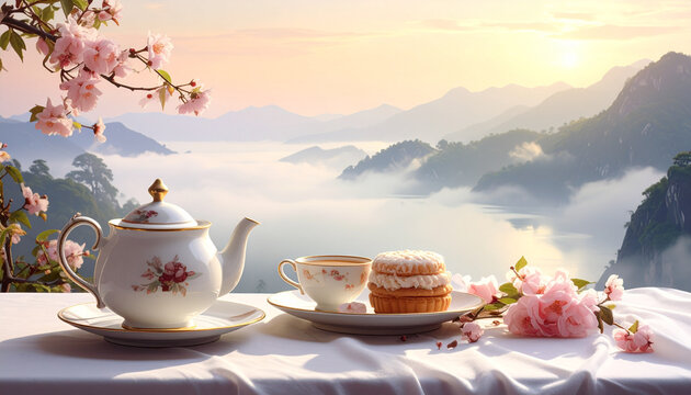 Teapot and teacup with floral pastries