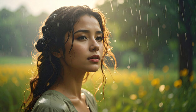 Woman in rain; dreamy eye-level portrait