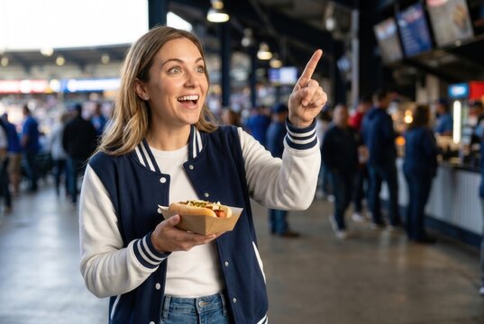 Young woman holding a hot dog and pointing, enjoying a live sports event at a stadium