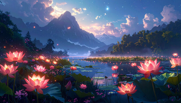 Lotus flowers bloom in lake at dusk landscape