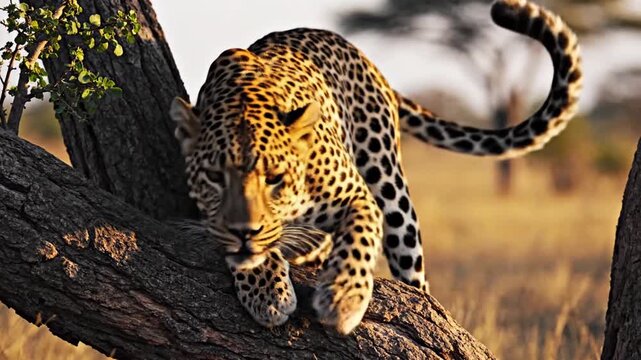 African leopard resting on thick tree limb in savanna at golden hour; detailed close-up of spotted fur and whiskers with soft sunset lighting and blurred wilderness background.