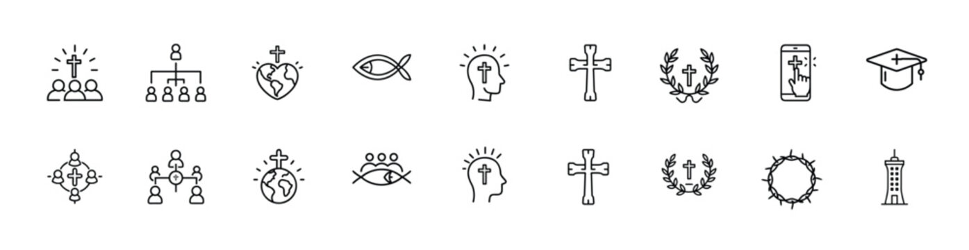 Christian church religion faith gospel web line icons set jesus cross crown thorns wreath fish bible & more vector illustration with editable stroke