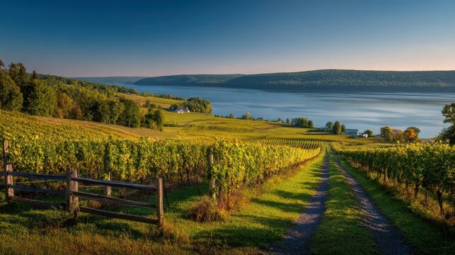 Pastoral vineyard panorama beside a tranquil lake with mountain backdrop