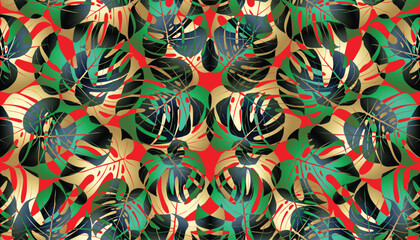 Monstera palm leaves exotic tropical seamless print. Palm leaf, monstera, pink plumeria flower,hibiscus blossom, exotic tropical summer flowers and leaves. © Feoktistova