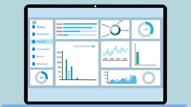Laptop screen dashboard with multiple charts and sidebar menu animation
