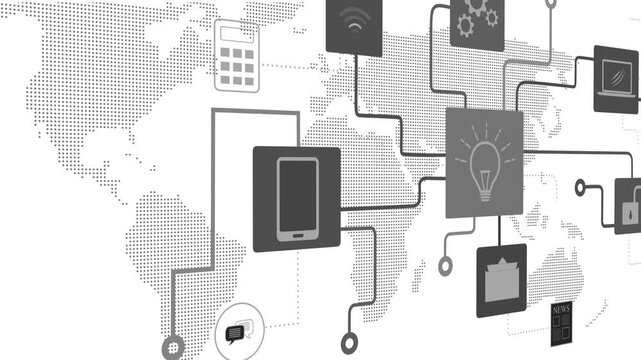 Abstract digital network animation with app icons connected by lines over a dotted world map animation