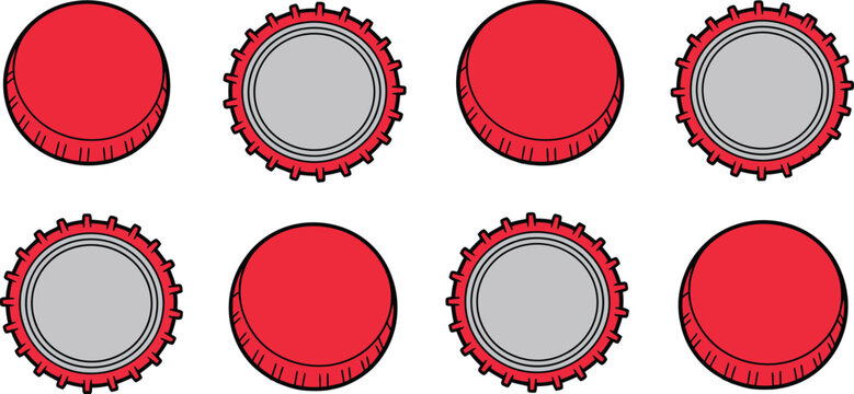 Metallic bottle caps illustration set, generic beer soda and lemonade lids for glass beverage containers.