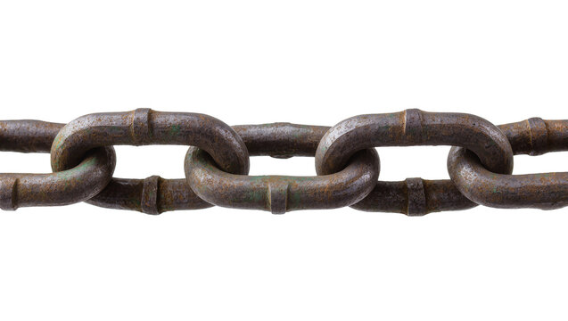 Isolated heavy rusty metal chain with weathered texture, strong and industrial link object