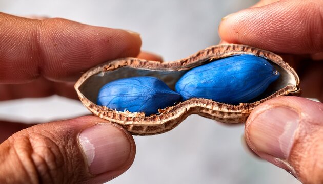 two hands holding a peanut being cracked open revealing blue nuts within a brown shell