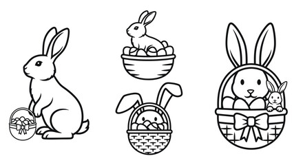 Rabbits And Baskets Black And White Line Illustration Set © Kawsar_Studio1998