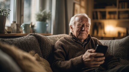Fototapeta premium Senior man watches a movie on a smartphone in a cozy living room