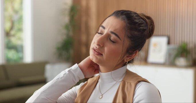 Neck, pain and massage with woman in home office for stress relief, muscle tension and burnout. Remote work pressure, entrepreneur fatigue and inflammation with person in house for tired and injury