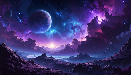 Alien planet landscape with large moon and nebula sky