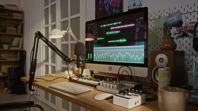 Empty home recording studio workstation displaying audio editing software on computer screen with microphone. Footage is perfect for promoting podcasting, music production, or remote creative work