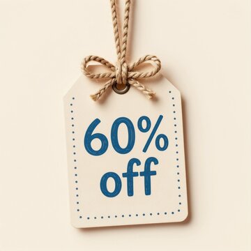 Sale price tag shows 60 percent off. Cardboard label hangs with twine string. Retail bargain offer for shoppers. Great value promotion event.