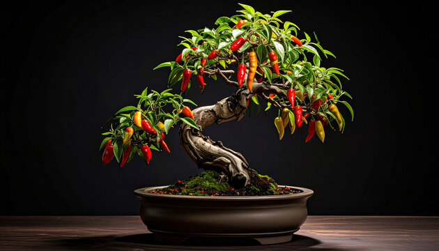 Bonsai chili pepper plant with ripe red and yellow fruits