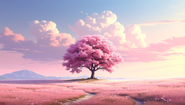 Blooming cherry tree in pink flower field with mountains at sunset