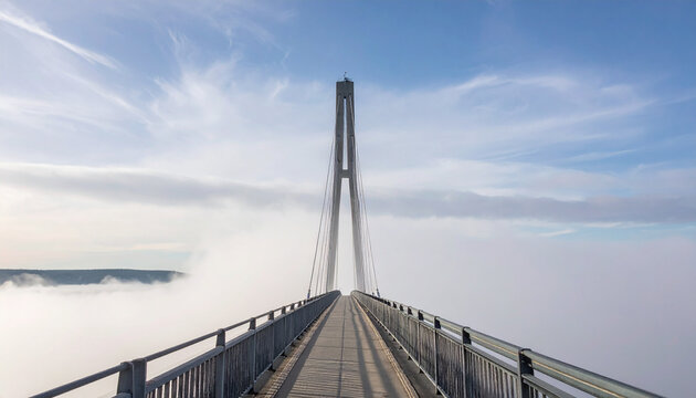 Cable-stayed bridge tower rising above fog with blue sky