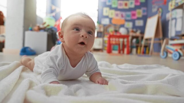 Baby boy lifts head and props on forearms on a soft blanket in a playroom building; curiosity play bonding.