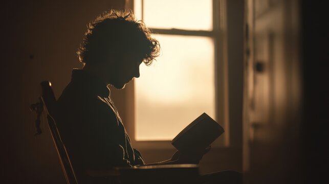 Silhouette of a young man reading a book by warm window light