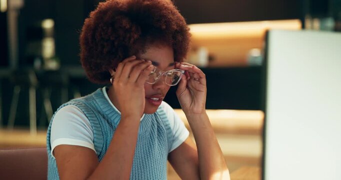 Stress, student and headache in home with computer, assignment and burnout of education. African woman glasses and migraine at house with pc, scholarship and application mistake for learning pressure