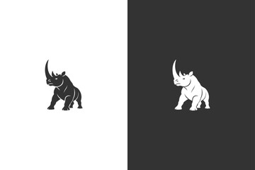 Minimalist black and white rhino logo with bold lines, displayed on contrasting dark and light backgrounds © DzgnVibe