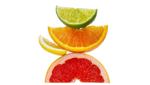 Isolated stacked fresh vibrant citrus fruit slices including lime, orange, lemon, and grapefruit