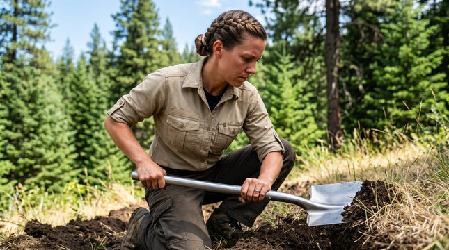 Focused female forester with concentrated expression digging firebreak for forest fire prevention against lush green pine forest background