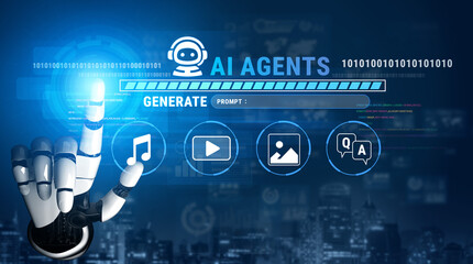 Fototapeta premium Futuristic AI Agents Interface with Robotic Hand for Generating Music, Videos, Images, and Textual Responses in Digital Space Fluxor.