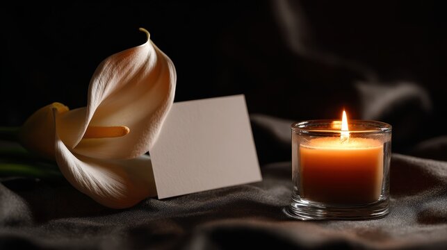 Memorial scene: candle glow and white lily beside an empty condolence card with ample copy space