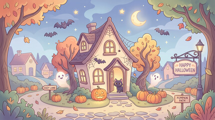 Naklejka premium Storybook autumn illustration of house and ghosts