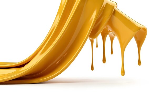 Glossy yellow liquid wave with dripping drops isolated on white background