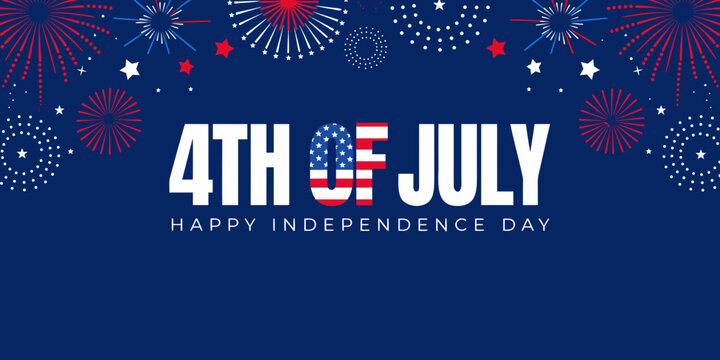 Fourth of July fireworks celebration with American flag text on a blue background