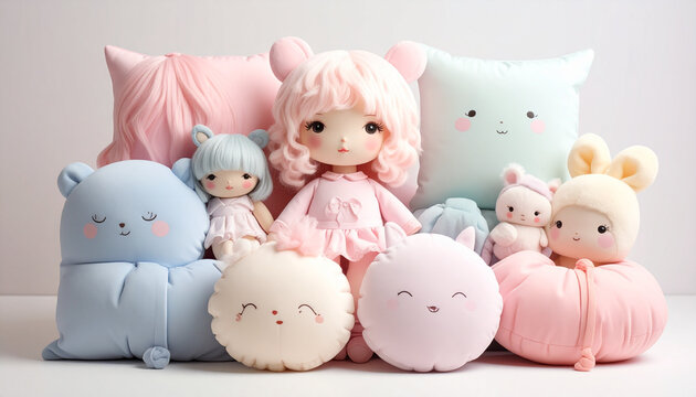 Adorable collection of pastel plush toys and dolls on a light background