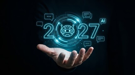 Fototapeta premium Hand holding glowing holographic projection of 2027 with chatbot ai icon and chat bubbles, future technology concept