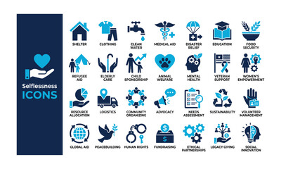 Fototapeta premium Selflessness, charity, nonprofit, humanitarian, aid, volunteering, donation, community, support, global, relief, social, welfare, philanthropy, flat, icons, vector, illustration, set, design