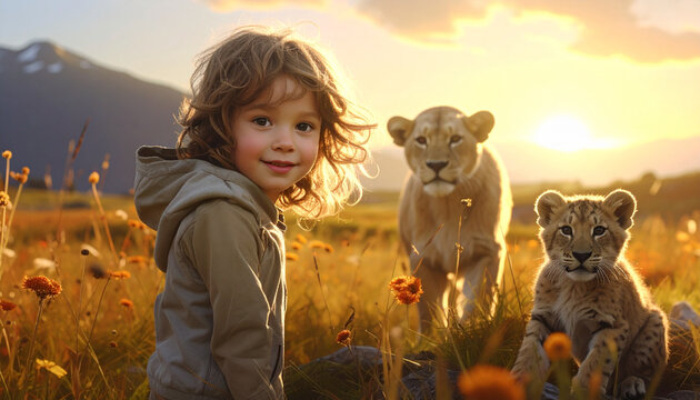 Child with lion cubs in a sunlit meadow at sunset