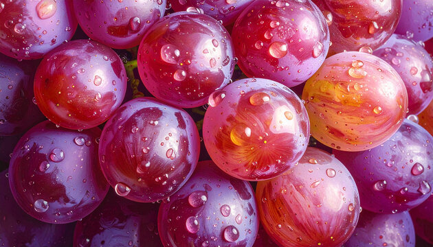 Close-up macro of fresh red grapes with water droplets