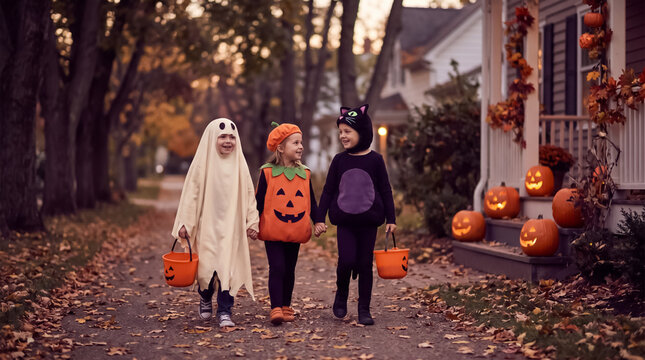 Excited kids walking down path at dusk