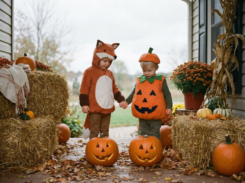 Cute children wearing fox and pumpkin costumes