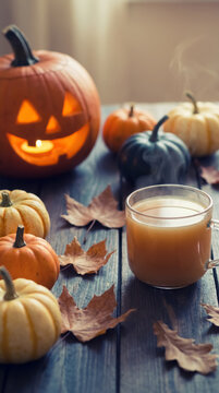 Glowing jack o lantern and cider mug
