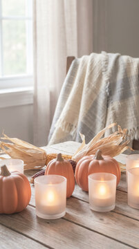 Glowing candles and autumn pumpkins on table