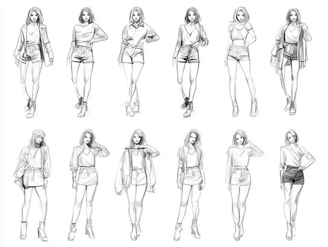 Illustration mit Model-Posen als Referenz f&uuml;r Fashion, Fotografie und Figurenzeichnung. Kreative Vorlage f&uuml;r Posing, Anatomie, Charakterdesign und K&uuml;nstler.
