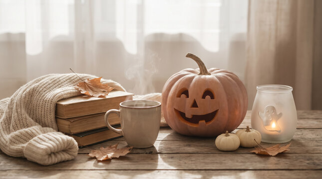 Jack o lantern pumpkin and steaming mug