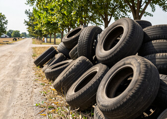 Obraz premium A large pile of used car tires abandoned on the side of a dirt road in a rural area; green trees and dry grass