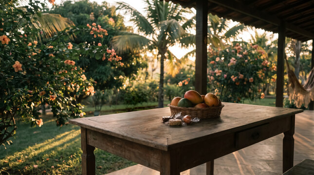 Wooden veranda table with basket of mangoes