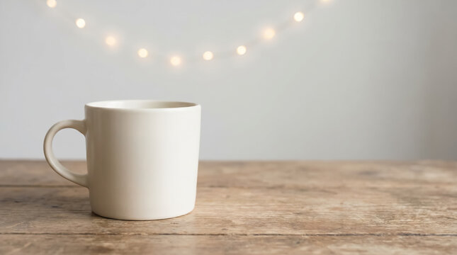 White coffee mug on rustic wooden table